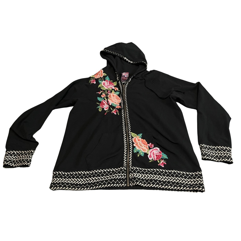 Johnny Was JWLA Black Floral Embroidered Zip Up Hoodie Boho Jacket Large